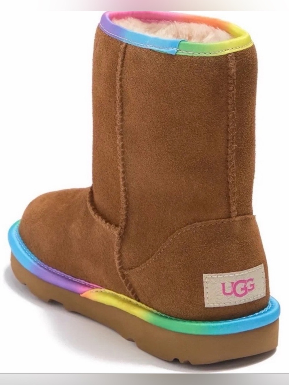 UGG Classic Short Rainbow Shearling Lined Chestnut Kids Cozy Winter Boots 6